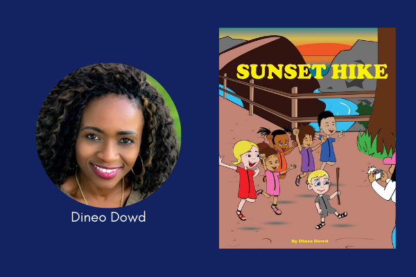 Headshot of author Dineo Dowd next to the cover for her book