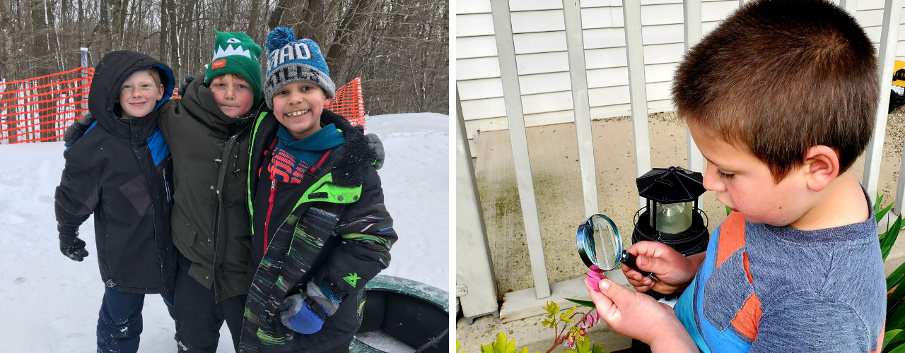 Students outside in all weather. Three boys in winter gear in a photo on the left and a boy using a magnifying glass on the right.