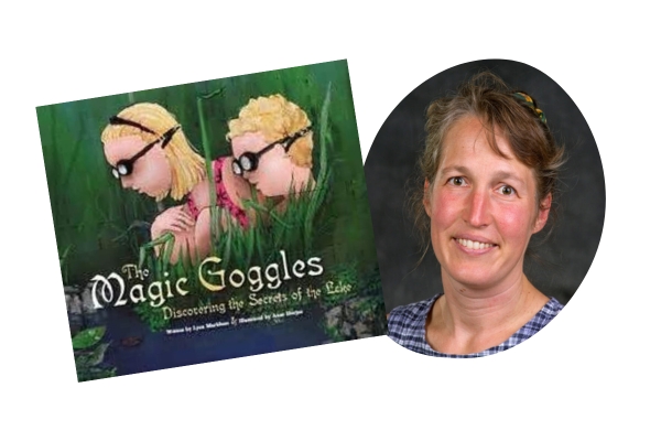 image with book cover on the left and photo of author on right