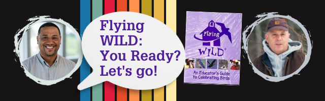 Image of Dexter Patterson, a black male, and Joe Riederer, a white male, and the cover of the flying wild book which is purple with a bird on it.