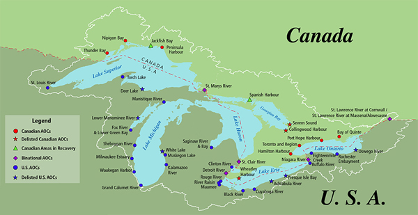map showing the location of all of the Areas of Concern in the Great Lakes Watershed