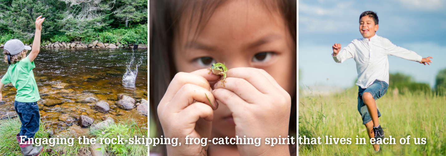 Three Photos of children: left a child skipping rocks child, middle holding a frog and right skipping through a prairie